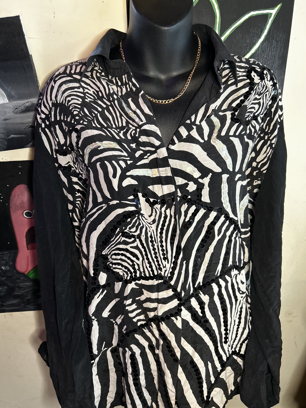 Diane Gilman Vintage 100% Silk Zebra Sequin Blouse Size L